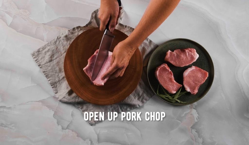 Step 3 to butterflying a pork chop - open pork chop